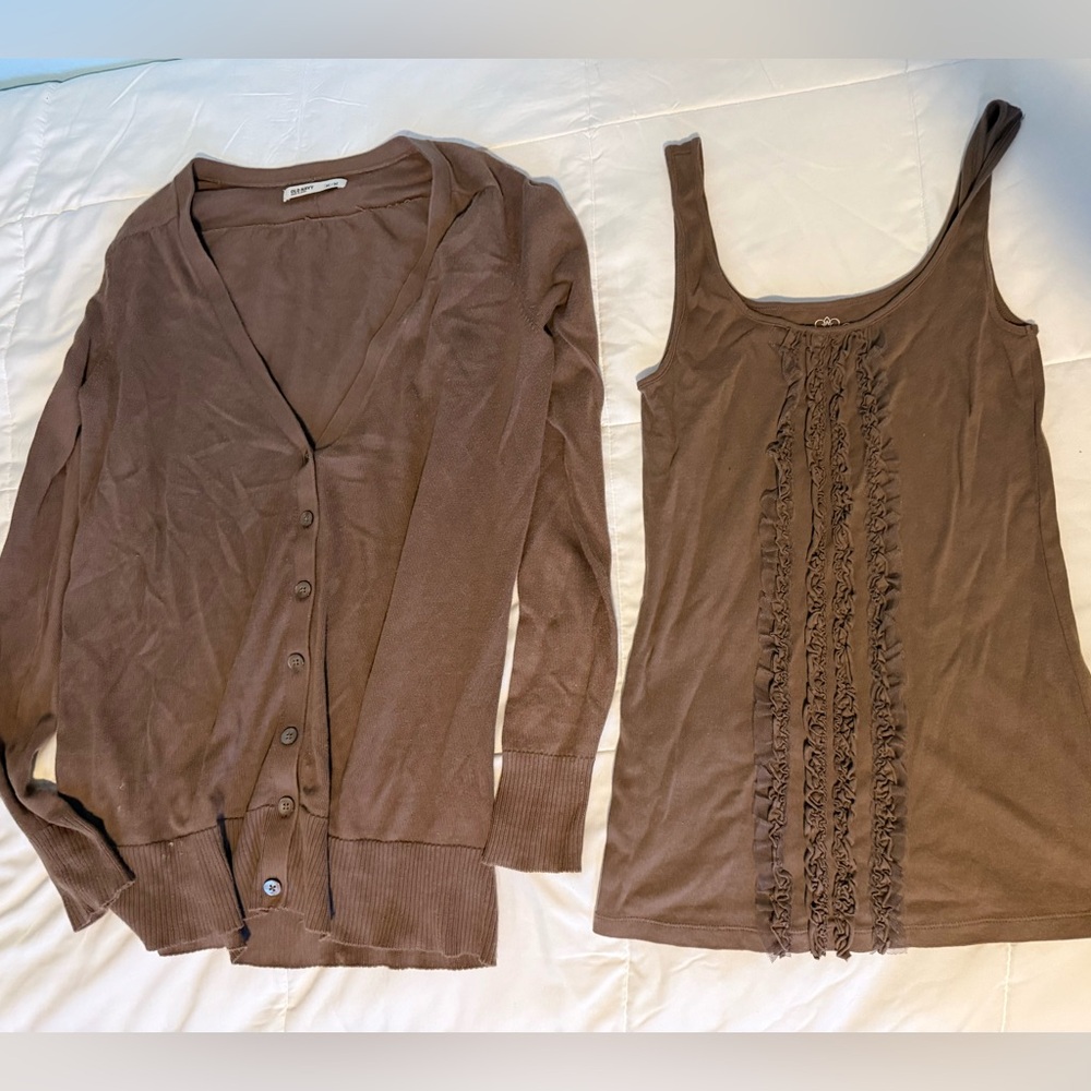 Old Navy Brown Cotton Cardigan and Tank.Shell with Ruffles
